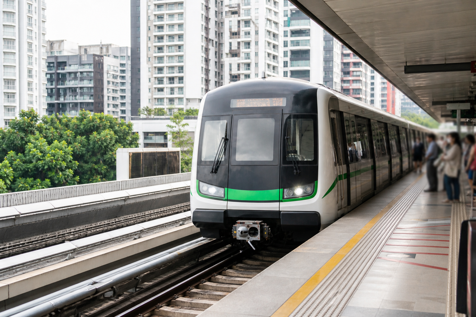 Singapore MRT train arriving at a station platform